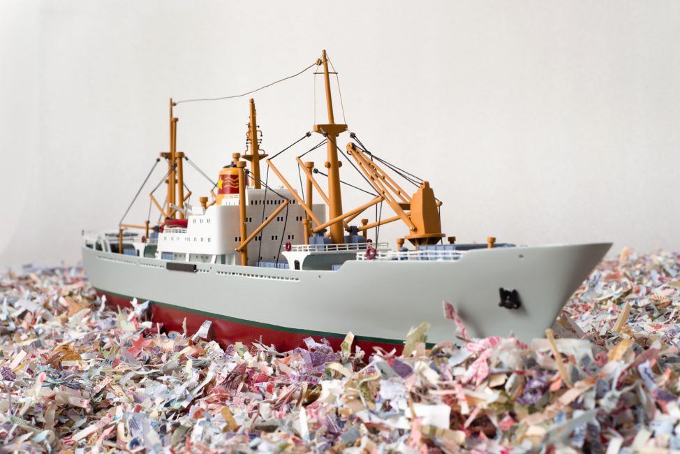 Maquette-for-a-dream-2012-model-cargo-ships-shredded-currency
